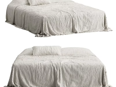 Double Bed With Crinkled Texture Bedspread Light Neutral Tone Soft Pillow Modern Minimalist Style 3d model