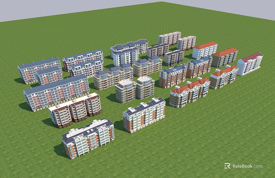 Multi storey Residential Buildings Arranged On Green Grass With Diverse Architectural Styles 3d model 