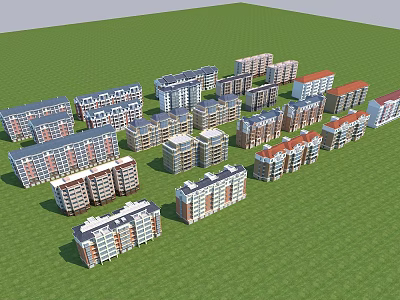 Multi storey Residential Buildings Arranged On Green Grass With Diverse Architectural Styles 3d model