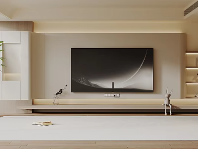 Modern Living Room TV Wall Interior Design With Shelves Decorative Figurines And Plant 3d model