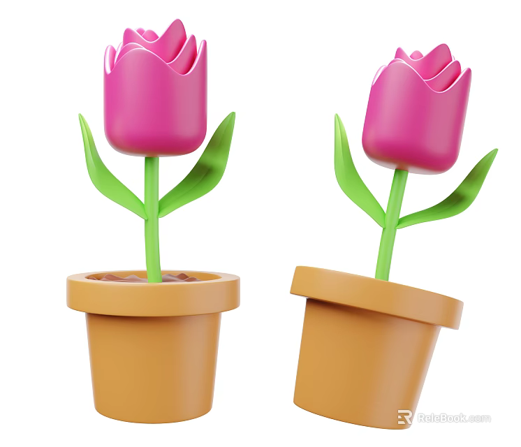 Pink Tulip Plants In Brown Pots With Green Leaves And Stems 3d model 
