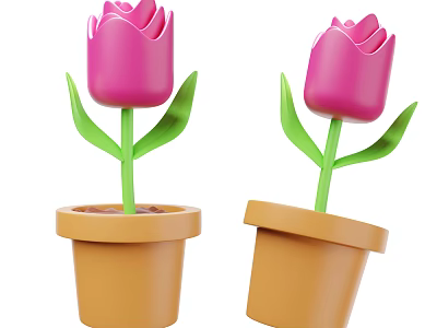 Pink Tulip Plants In Brown Pots With Green Leaves And Stems 3d model