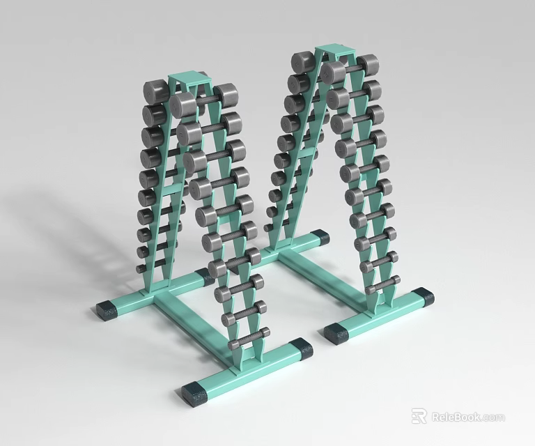 Turquoise Multi Tiered Dumbbell Rack With Stacked Dumbbells For Gym Storage 3d model 