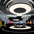 Modern Exhibition Hall With Circular Platform Large Screens Lighting Design And Visitors