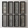 Swing Doors Featuring Various Decorative Patterns Glass Panels And Black Frames 3d model