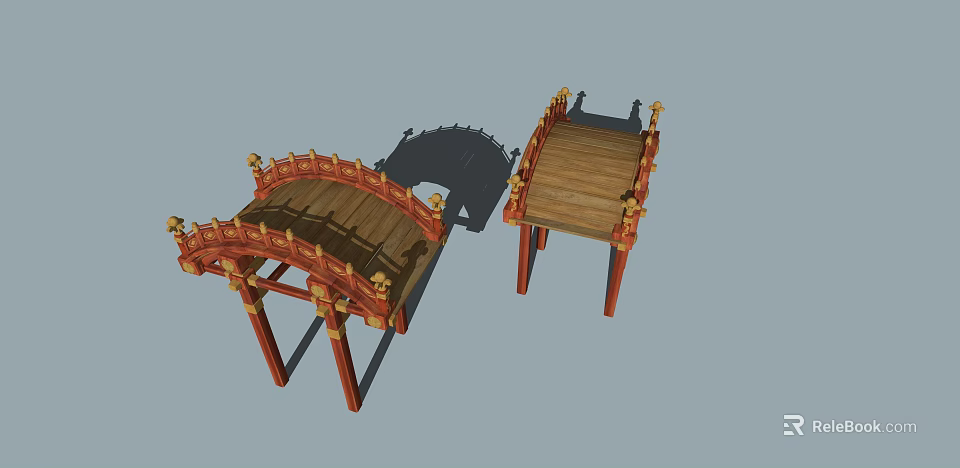 Two Traditional Chinese Wooden Bridges With Red Frames And Golden Decorations 3d model 