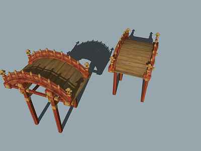 Two Traditional Chinese Wooden Bridges With Red Frames And Golden Decorations 3d model
