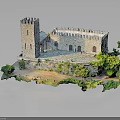 Medieval Castle Structure Featuring Stone Tower Arched Doors And Lush Greenery 3d model