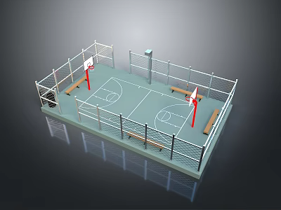 Outdoor Basketball Court Landscape With Two Hoops Green Surface And Benches 3d model