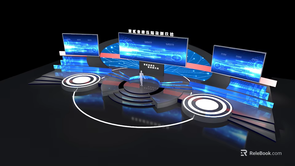 Tech Inspired Circular Stage With Blue Interface Display Array And Control Panel 3d model