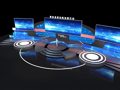 Tech Inspired Circular Stage With Blue Interface Display Array And Control Panel 3d model