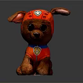 Soft Brown Plush Puppy Wearing Orange Outfit With Blue Badge And Cute Ears