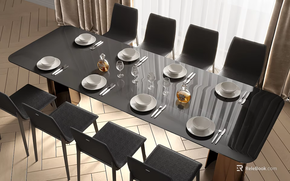 Modern Black Dining Table Set With White Plates Cutlery Wine Glasses And Black Chairs 3d model 