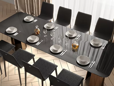 Modern Black Dining Table Set With White Plates Cutlery Wine Glasses And Black Chairs 3d model