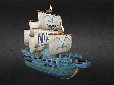 Detailed Wooden Ship Model With Blue Hull White Sails Marine Lettering And Cannon Ports 3d model