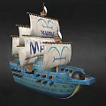 Detailed Wooden Ship Model With Blue Hull White Sails Marine Lettering And Cannon Ports