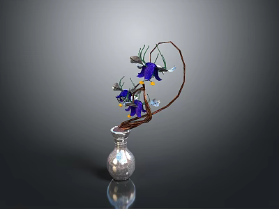 Decorative Silver Vase With Purple Flowers Brown Vine And Transparent Beads 3d model