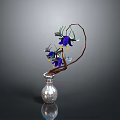 Decorative Silver Vase With Purple Flowers Brown Vine And Transparent Beads