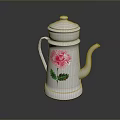 White Decorative Water Kettle with Pink Flower and Green Leaves for Home Use