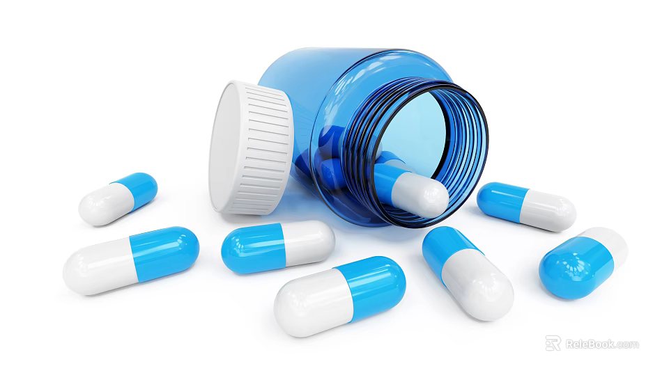 Medical Device Open Blue Bottle With Scattered Blue And White Capsules 3d model 