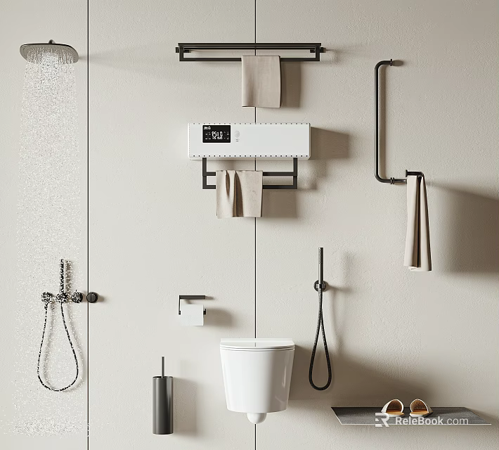 Modern Bathroom Set Interior With Shower Towel Rack Toilet And Accessories 3d model 