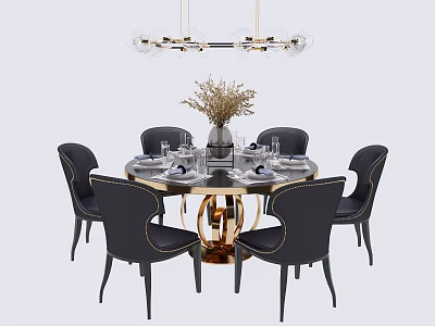 Elegant Round Dining Table Set With Black Chairs Gold Accents And Decorative Vase 3d model