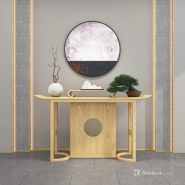 Wooden Console Table With Circular Mirror White Vase Mountain Ornament And Potted Pine 3d model 