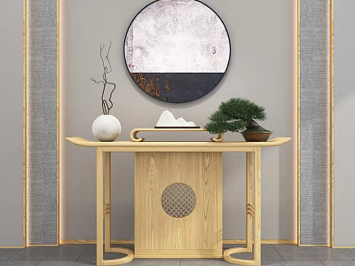Wooden Console Table With Circular Mirror White Vase Mountain Ornament And Potted Pine 3d model