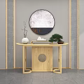 Wooden Console Table With Circular Mirror White Vase Mountain Ornament And Potted Pine