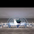 Banquet Hall Wedding Setup With Arched Blue And White Decor Chair Bows And Floral Arrangements