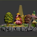 Circular Miniature Landscape Architecture With Small Bridge Blue Stream Colorful Trees And Stone Edges