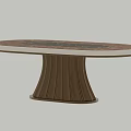 Elegant Luxury Oval Dining Table With Burl Wood Top Marble Inlay And Fluted Brass Pedestal