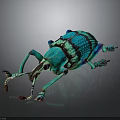 Green and Blue Patterned Beetle with Long Antennae and Detailed Legs on Dark Background