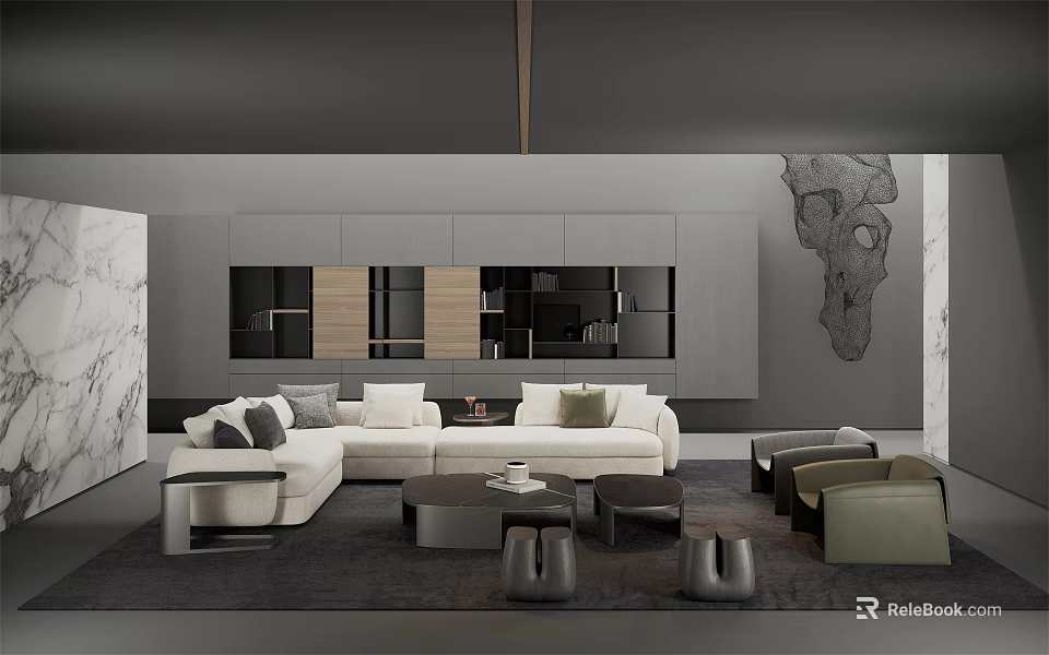 Modern Gray Tone Living Room With Large Sectional Sofa And Built In Wall Storage Cabinets 3d model 