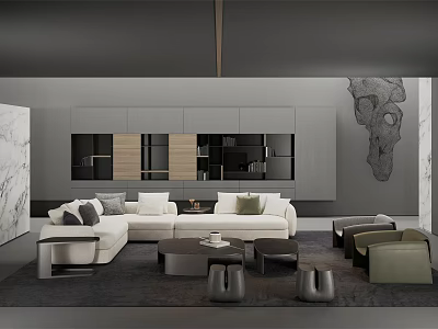Modern Gray Tone Living Room With Large Sectional Sofa And Built In Wall Storage Cabinets 3d model