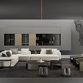 Modern Gray Tone Living Room With Large Sectional Sofa And Built In Wall Storage Cabinets