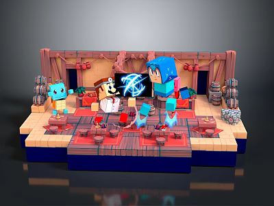 Colorful Stage Scene Construction With Blue Characters Red Platforms And Wooden Decorations 3d model