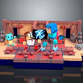 Colorful Stage Scene Construction With Blue Characters Red Platforms And Wooden Decorations