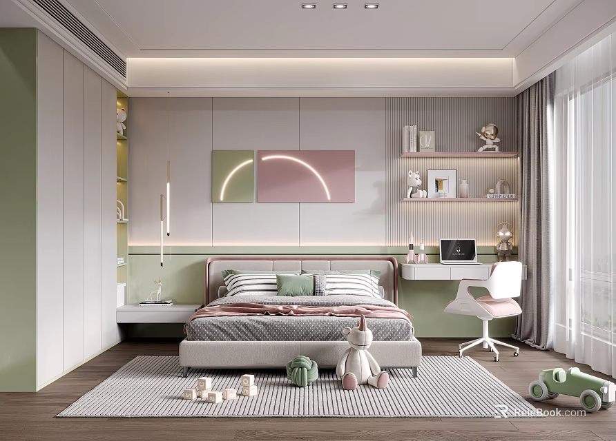 Kids Room Interior Design With Bed Study Desk Chair Toys Shelves Rug And Wall Art 3d model 
