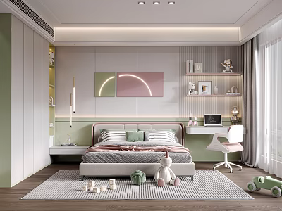 Kids Room Interior Design With Bed Study Desk Chair Toys Shelves Rug And Wall Art 3d model