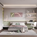 Kids Room Interior Design With Bed Study Desk Chair Toys Shelves Rug And Wall Art