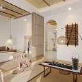 Serene Japanese Style Hotel Room Interior With Shoji Screens Rattan Pendant Light And Cozy Bed
