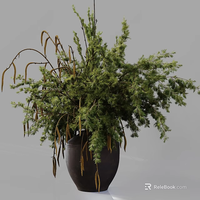 Bonsai Plant With Lush Green Foliage And Drooping Twigs In Brown Ceramic Pot 3d model 
