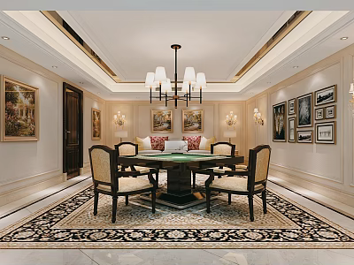 Hotel Mahjong Room Luxurious Interior Design With Chandelier Tables Chairs Ornate Rug And Decorative Paintings 3d model