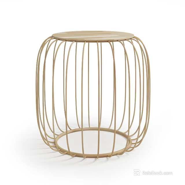 Modern Round Rattan Stool With Cage Like Frame And Slender Strip Design 3d model 