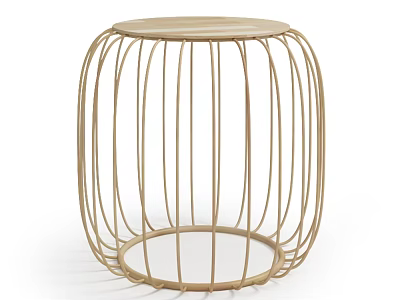 Modern Round Rattan Stool With Cage Like Frame And Slender Strip Design 3d model