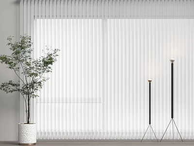 White Vertical Blinds in Modern Interior with Potted Plant and Floor Lamps 3d model