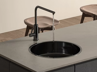 Modern Kitchen Black Sink With Water Flowing From Black Faucet On Gray Countertop 3d model