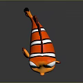 Cute Orange Clownfish 3D Model With White Stripes Blue Eyes Open Mouth And Red Fins