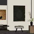 Minimalist Interior With Abstract Paintings On Wall And Modern Decorative Elements